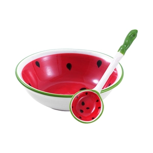 Cute watermelon-shaped ceramic bowl and spoon set for kids with red and green finish