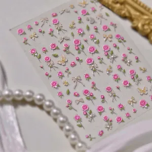 Adesivi per unghie 5D a rilievo con rose rosa e fiocchi di pizzo eleganti