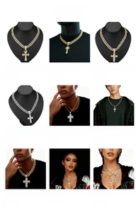Detailed grid of iced-out hip hop cross pendants with Cuban and tennis chains