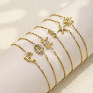 6-piece gold 18K plated stainless steel bracelets with rhinestone sea animal charms