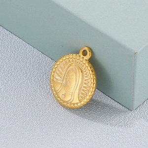 Vintage round gold Saint Mary pendant with embossed bird pattern in stainless steel