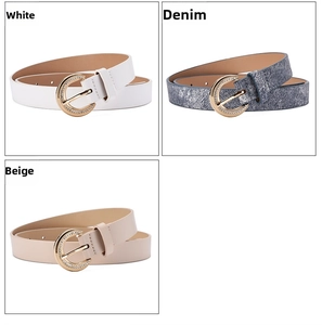 Detailed views of women's elegant faux leather belts in white, denim blue, and beige colors