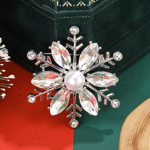 Luxury crystal flower brooch with pearl center on festive green velvet display