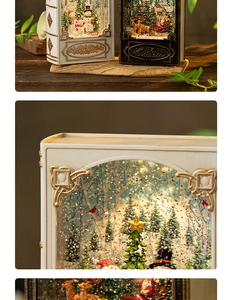 Macro detail of retro Christmas book lantern featuring rotating glitter and LED lighting