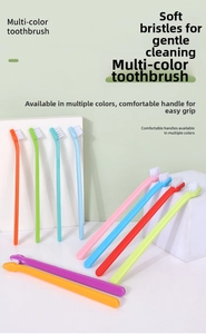 Detail showing various colors of pet toothbrushes with soft white bristles for dental care