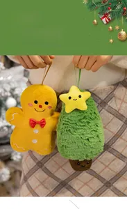 Detail of plush gingerbread man and Christmas tree charms with soft fuzzy texture