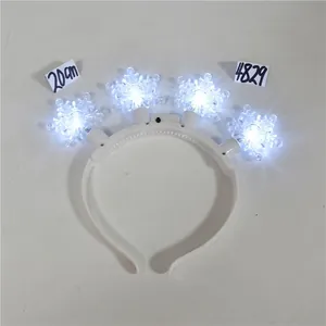 Detail of white LED Christmas headband featuring glowing snowflake shapes for holiday parties