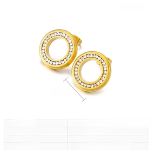 Close-up of golden hollow circle stud earrings with rhinestones and 18mm size detail