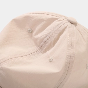 Macro shot of stitching details and breathable eyelets on a quick-dry baseball cap