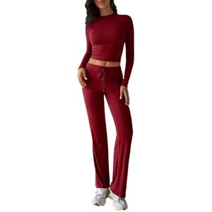 Women's burgundy Y2K slim long sleeve top and drawstring pants athletic tracksuit set