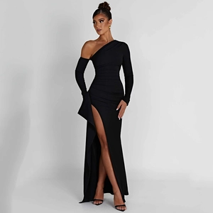 Elegant black one-shoulder long sleeve evening dress with high slit and backless detail