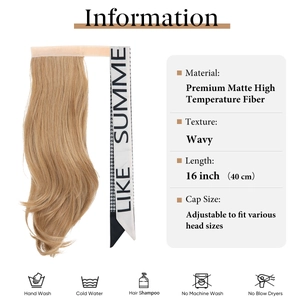 Long wavy light brown ponytail extension made of matte synthetic hair with info chart