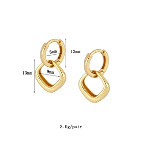 Minimalist square geometric brushed gold earrings with detailed size and weight metrics