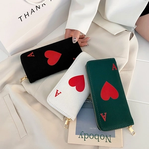 Women Long Zipper Wallet Canvas PU Ace Of Hearts Poker Pattern Chic Clutch Handbag Large Capacity Card Holder