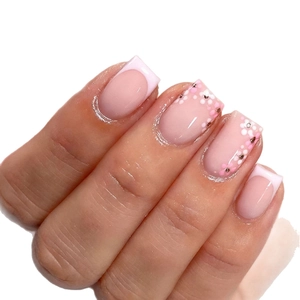 Pink French manicure press-on nails with floral patterns and rhinestones in square shape