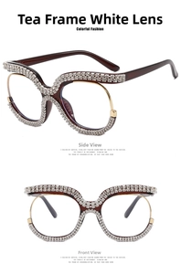 Detailed view of oversized tea-colored frame glasses with sparkling white rhinestones