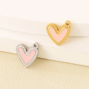 Pink heart pendants in gold and silver steel with beaded edges for DIY jewelry making