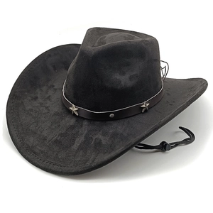 Classic black faux suede cowboy hat with silver star studs and adjustable chin strap