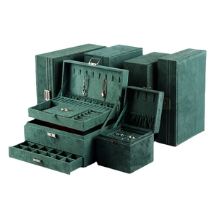 Deep green suede jewelry box set featuring drawer organizers and multi-layer storage case