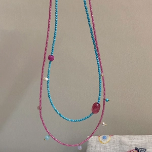 Handmade turquoise and pink gemstone beaded layered necklace with pearls and raw stones