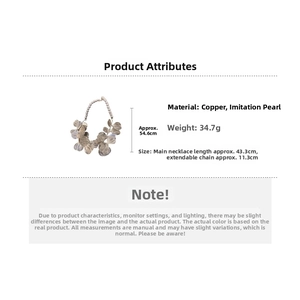 Detail of floral hollow metal necklace with pearls showing length and weight dimensions