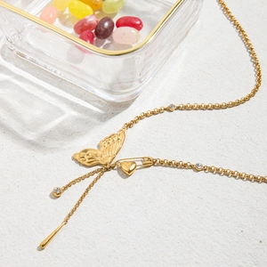 18K gold plated stainless steel butterfly heart necklace with crystals and pin detail