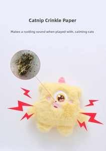 Detail showing catnip filling and plush monster toy with crinkle paper sound effect