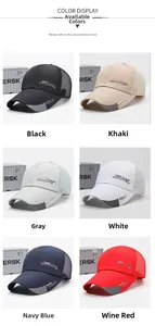 Detail showing various colors of breathable mesh baseball caps with extended brims