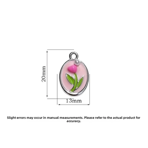 Detail of pink tulip enamel charm with size dimensions 20mm height and 13mm width