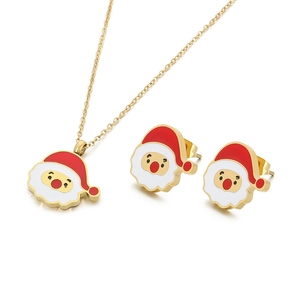 Christmas Santa Claus jewelry set with gold necklace and stud earrings in red enamel