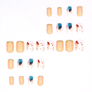 Short press-on nails with autumn maple leaf designs and glossy French tips, 24-piece set