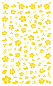 Vue détaillée macro des autocollants à ongles fleurs jaunes F725 avec motifs ultra-fins