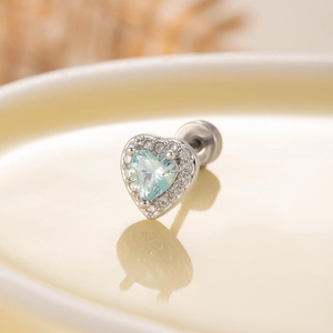 Elegant heart-shaped light blue zircon stud earring in polished silver titanium steel