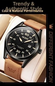 Detail of OLEVS quartz watch with black dial, gold markers and brown leather strap
