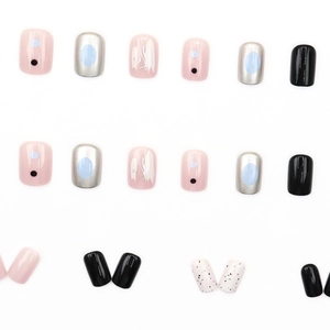 24pcs short square fake nails set with pink, blue polka dots and silver mirror finish