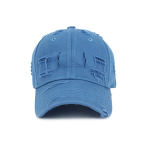 Distressed blue cotton baseball cap with vintage frayed holes and curved brim for outdoor wear