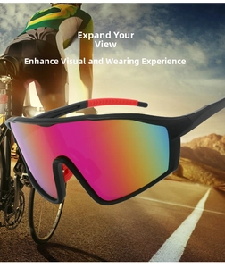 Detail of oversized cycling sunglasses with multi-color gradient lens and red ear pads