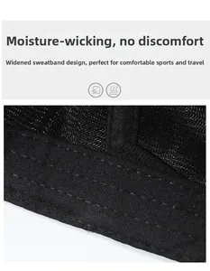 Detail of widened sweatband and breathable mesh fabric on the black baseball cap