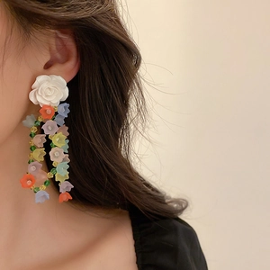 Detailed view of colorful floral tassel drop earrings worn by a model in soft light