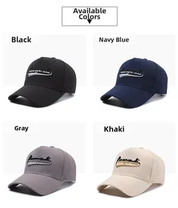 Detailed grid showing 3D embroidered logo on baseball caps in black, navy, grey, and khaki