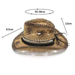 Detail of straw cowboy hat with dimensions showing 8.5cm brim and 12cm crown height
