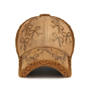 Cute brown velvet baseball cap with rhinestone bows and warm faux fur trim for women