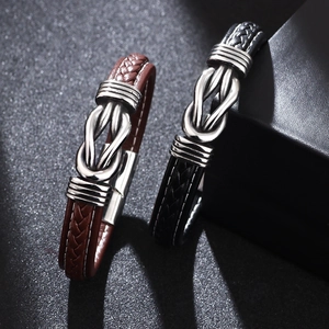 Men's punk leather woven bracelets in black and brown with steel infinity buckle