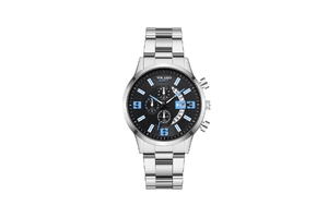 Close-up of silver steel watch with black dial, blue numerals and calendar date detail