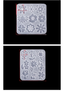Detailed view of translucent flower and bouquet silicone earring molds with dimensions
