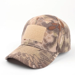 Macro detail of python camo tactical cap showing ripstop fabric and velcro patch area