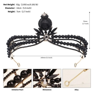 Detailed size specifications for the black rhinestone alloy tiara with material labels