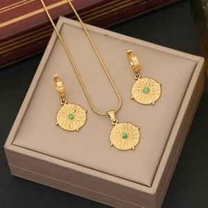Vintage Round Coin Pendant Necklace And Earrings Stainless Steel Gold Plated Sunburst Green Gemstone Jewelry For Women Elegant