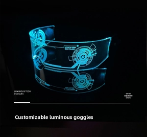 Macro detail of cyberpunk LED goggles featuring laser-etched circuits and 7-color light