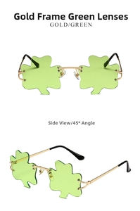Detailed side view of clover shaped St. Patrick's Day sunglasses with gold metal frames